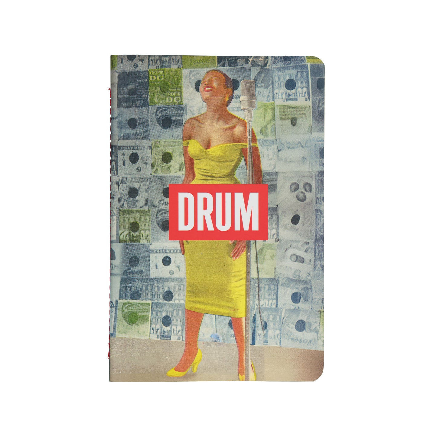 Soft Cover Notebook with a design of a Miriam Makeba in a yellow dress with the DRUM Logo