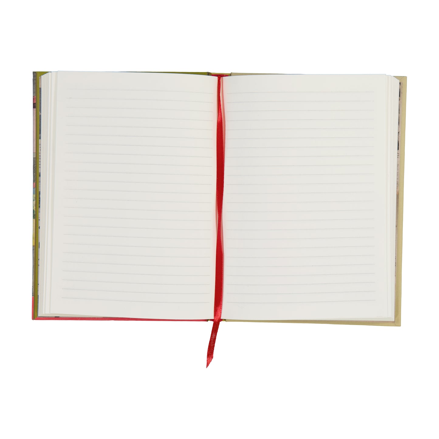 Open notebook with lined pages and a red ribbon on a white background
