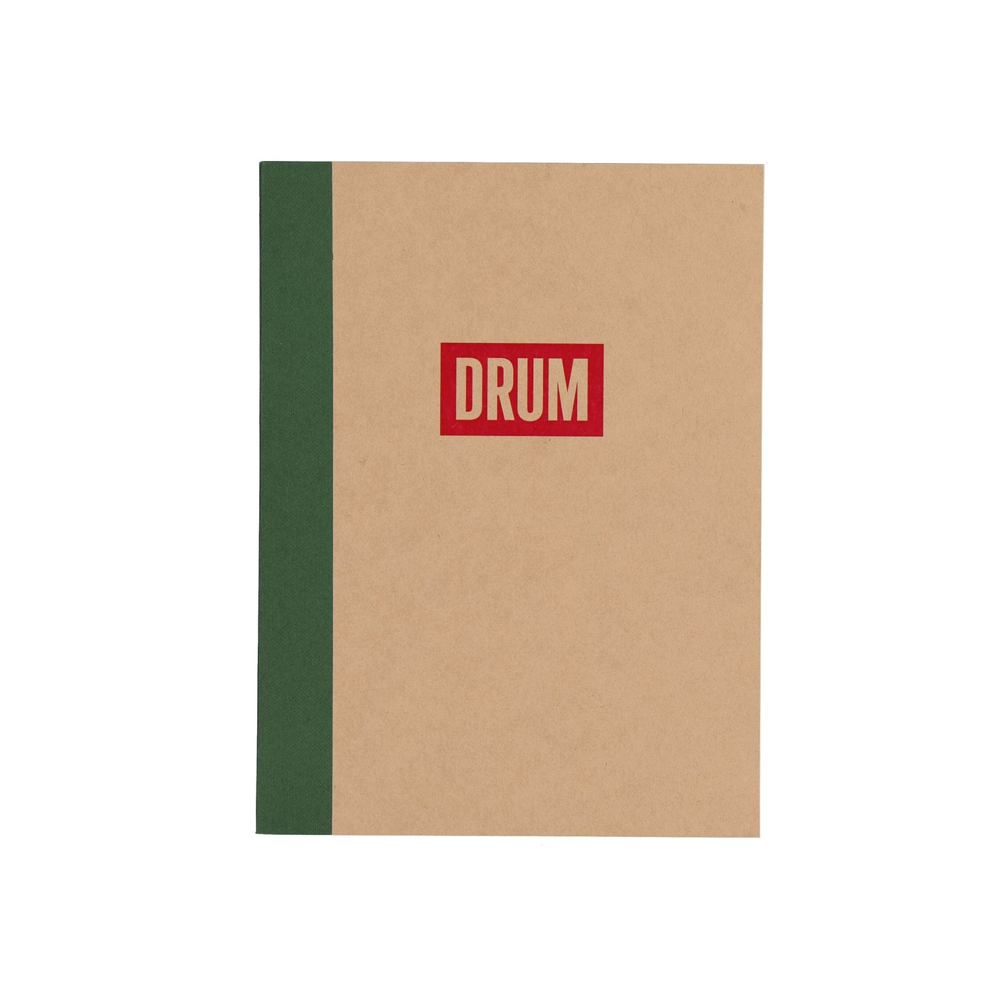 Notebook with a red 'DRUM' logo on a beige cover and green spine.
