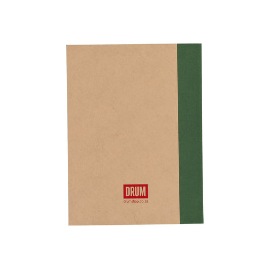 Notebook with brown cover and green spine on a white background