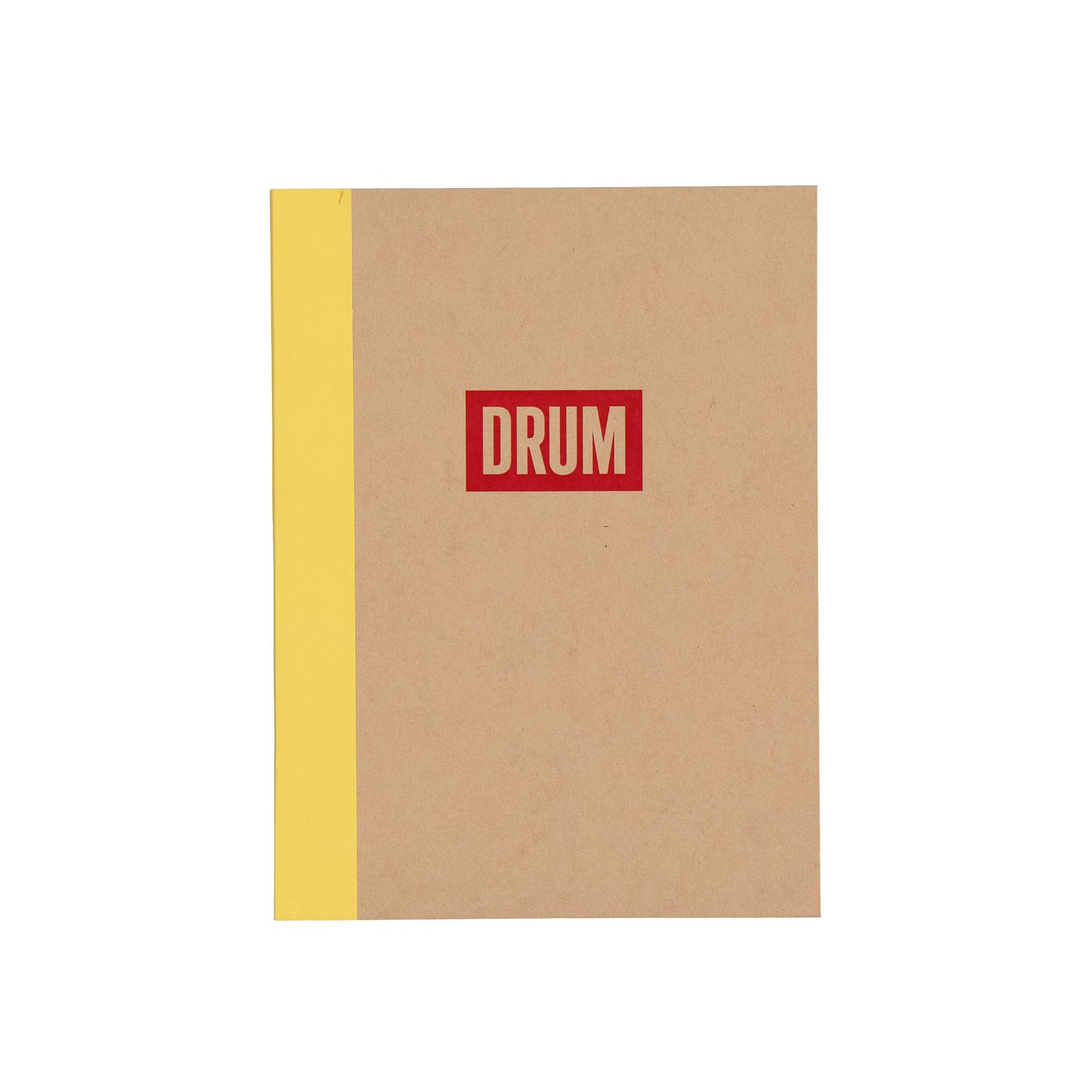 Notebook with a red 'DRUM' logo on a beige cover and yellow spine.