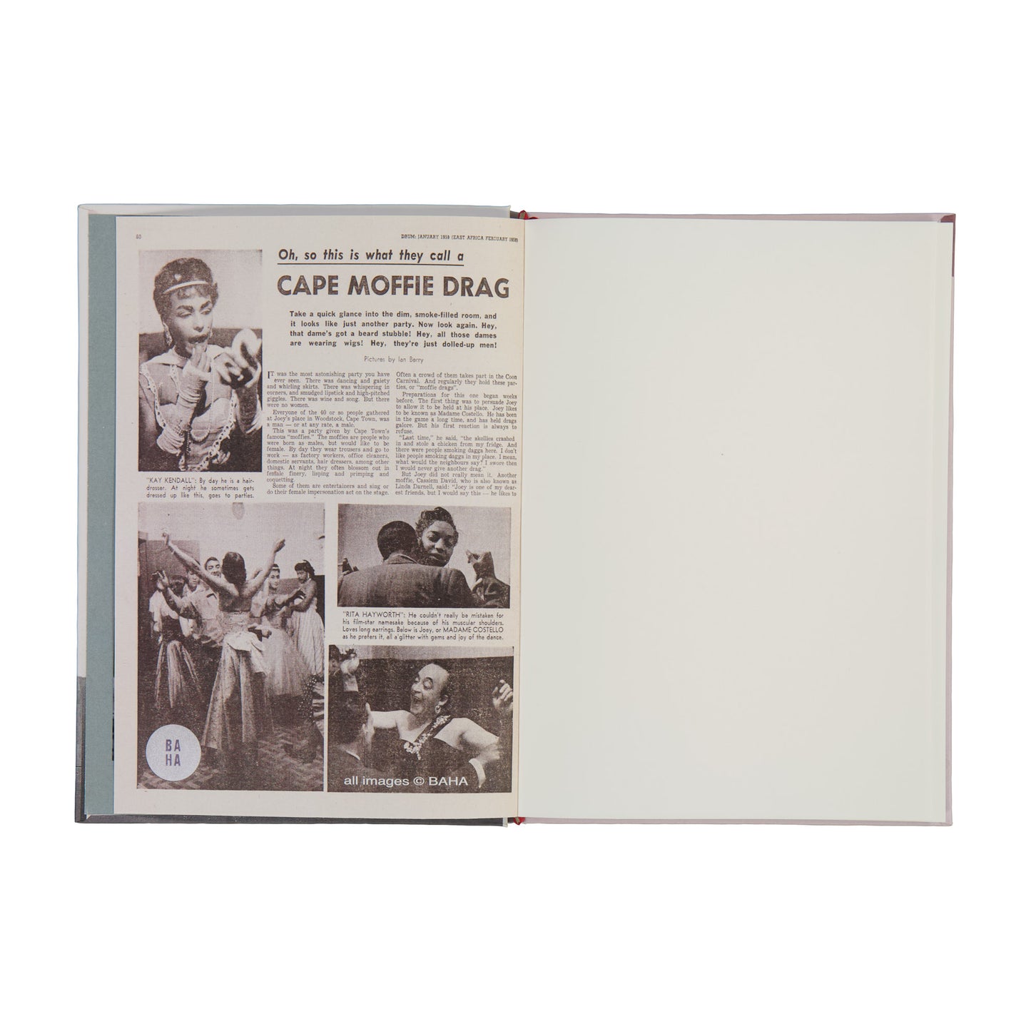Open book with black and white photos and text on a white background