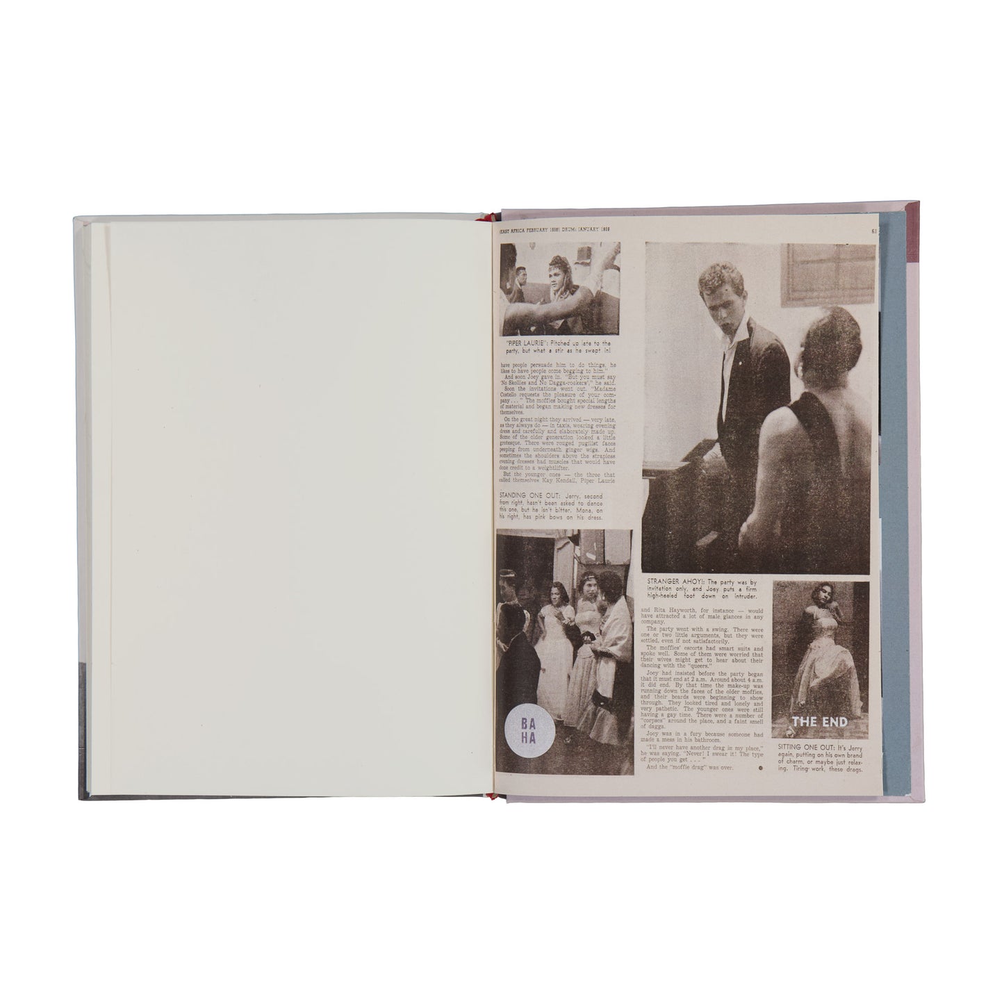 Open book with black and white images and text on a white background