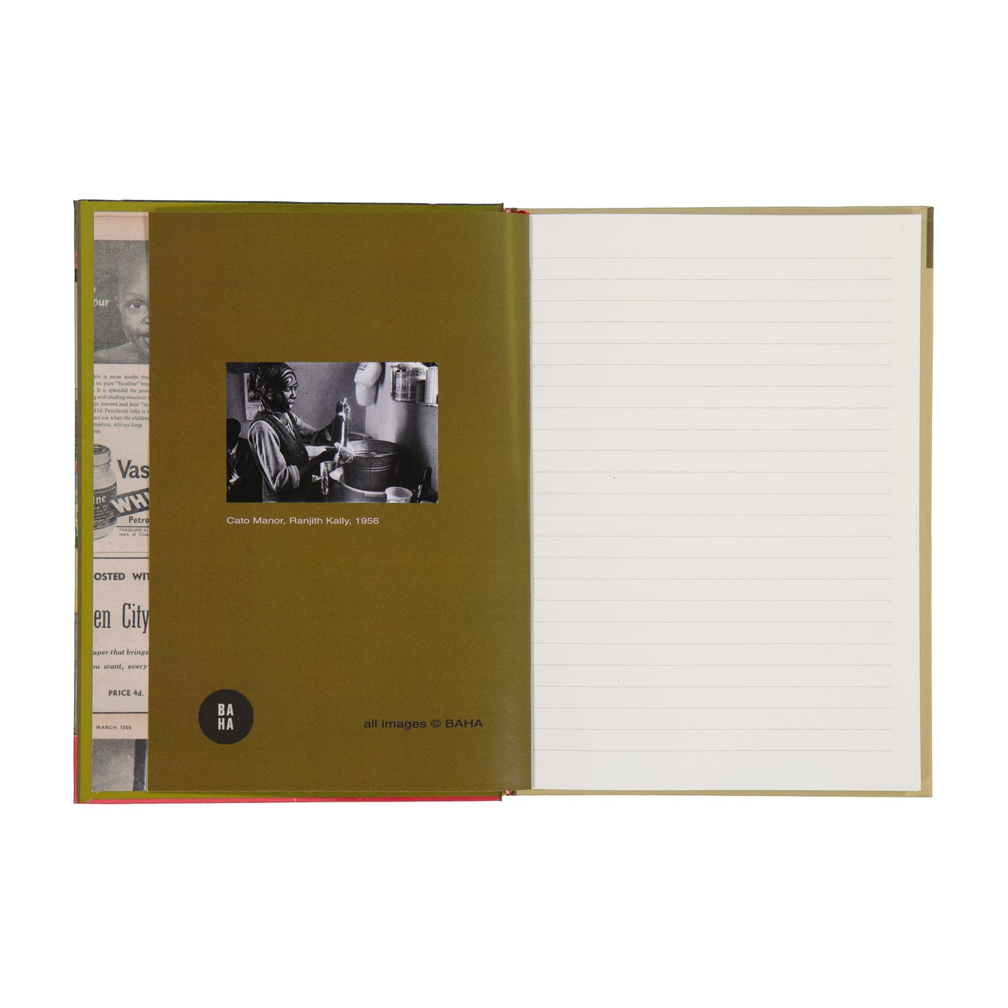 Open book with a green cover and white pages, featuring a black and white photo and text.