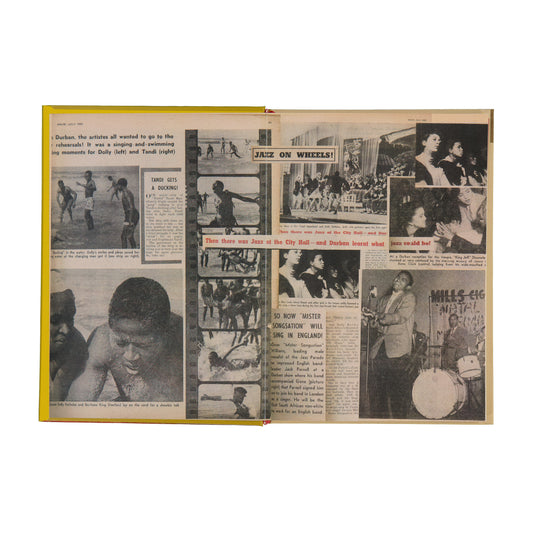 Collage of newspaper clippings and photos on a white background