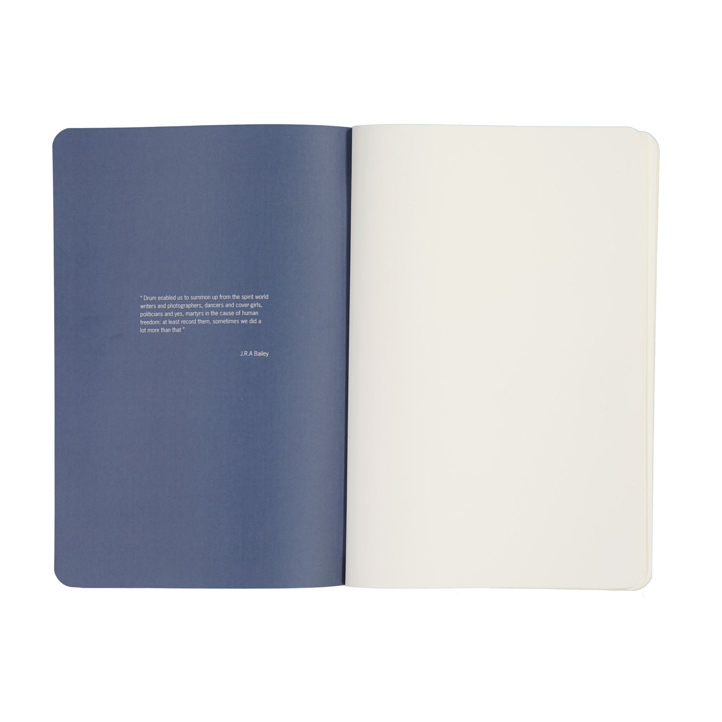 Open notebook with blue and white pages on a white background