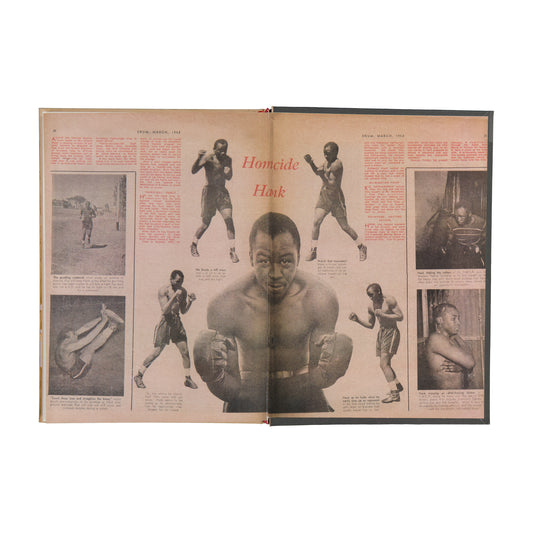 Open book with black and white images of a boxer and text on a white background