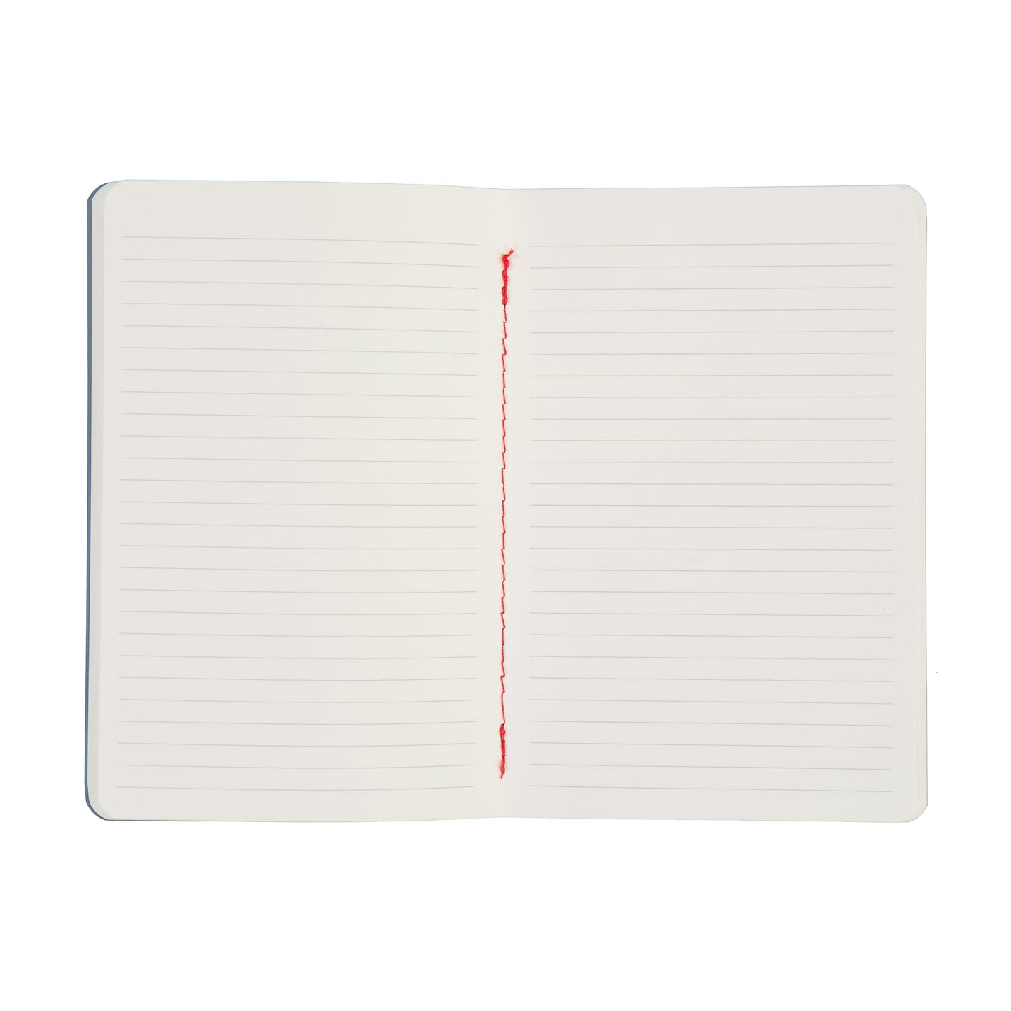 White notebook with red stitching on a white background
