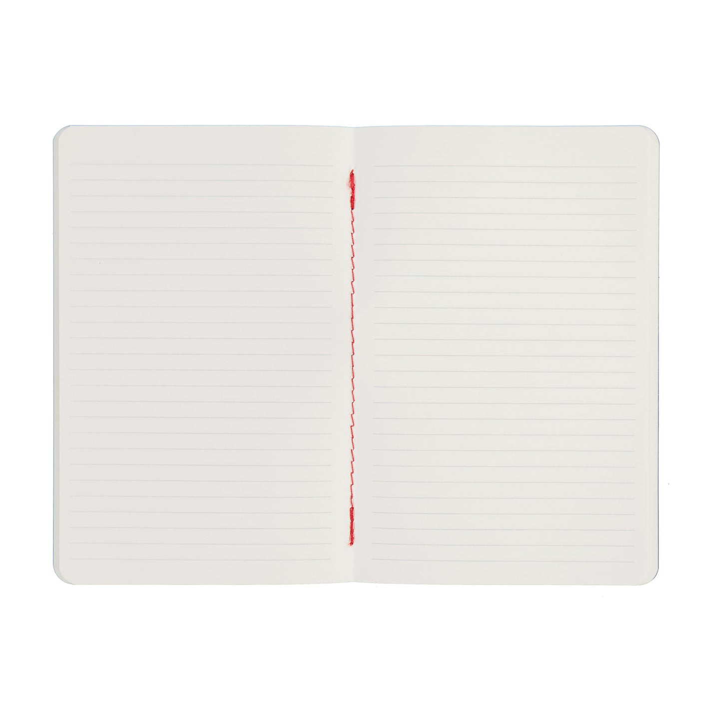 Open notebook with lined pages and a red stitching on a white background