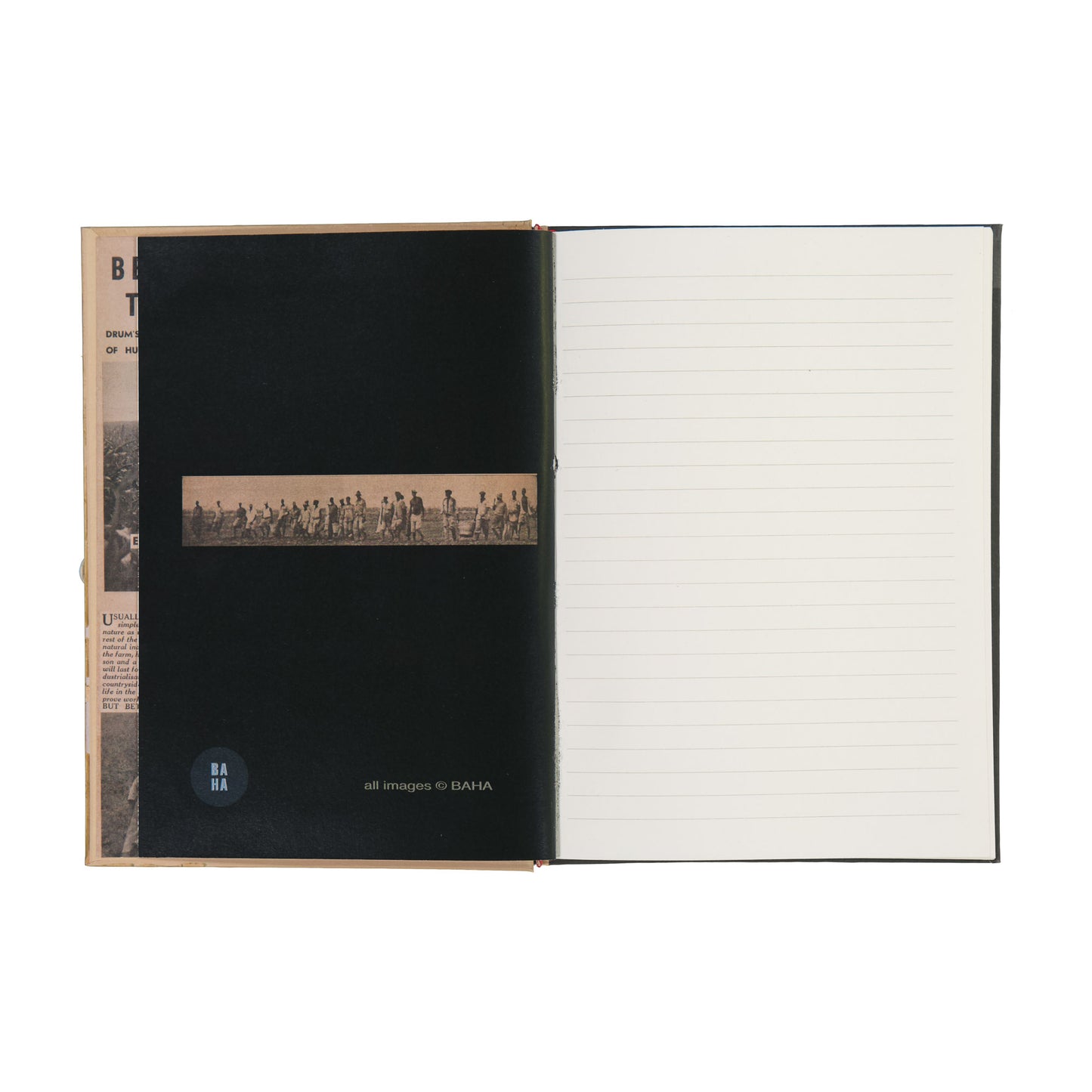 Open notebook with black cover and white pages on a white background