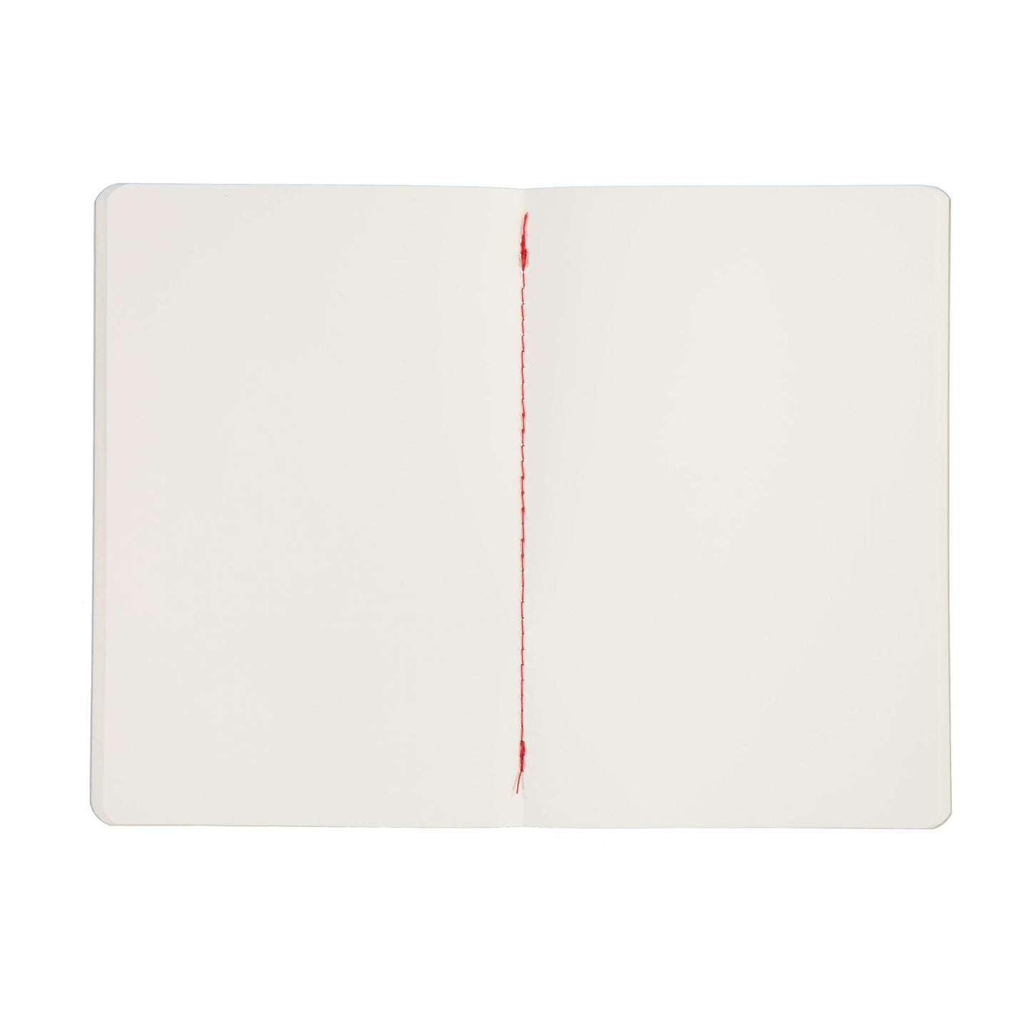 White notebook with red stitching on a white background