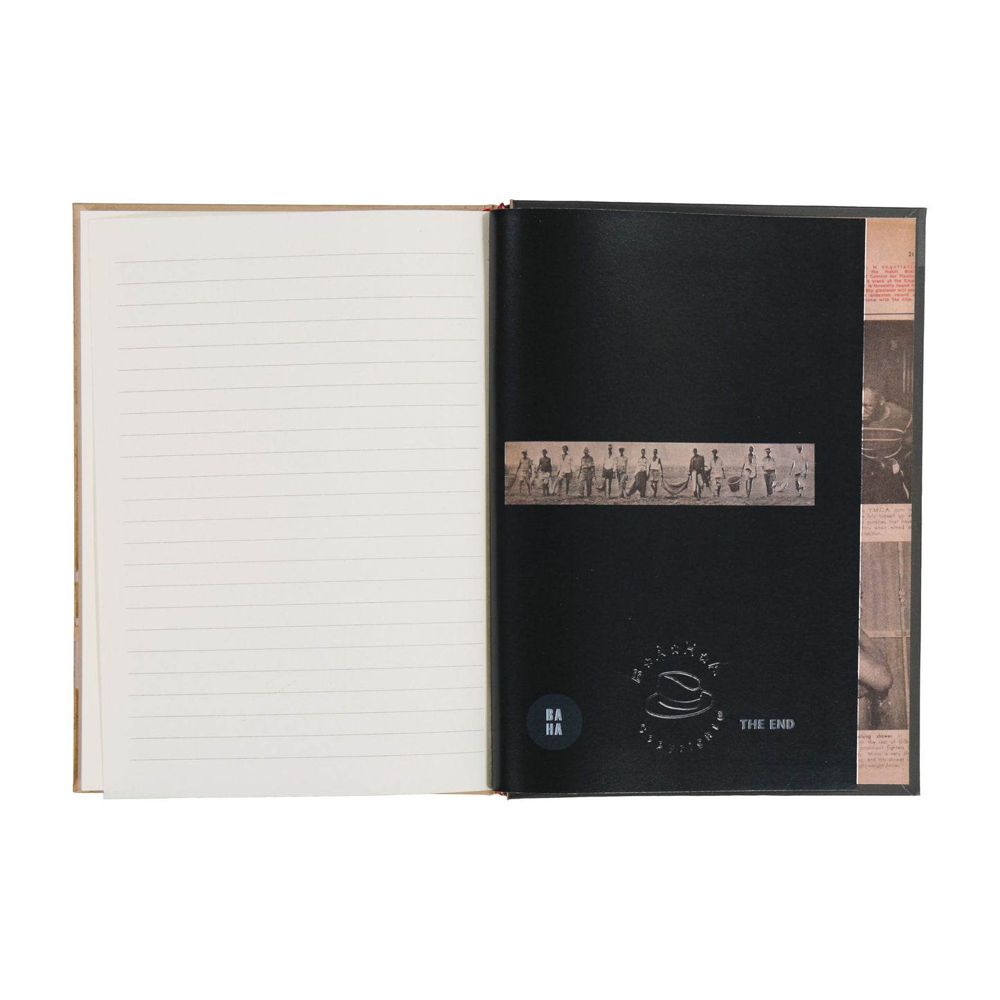 Open notebook with lined pages and black cover on a white background