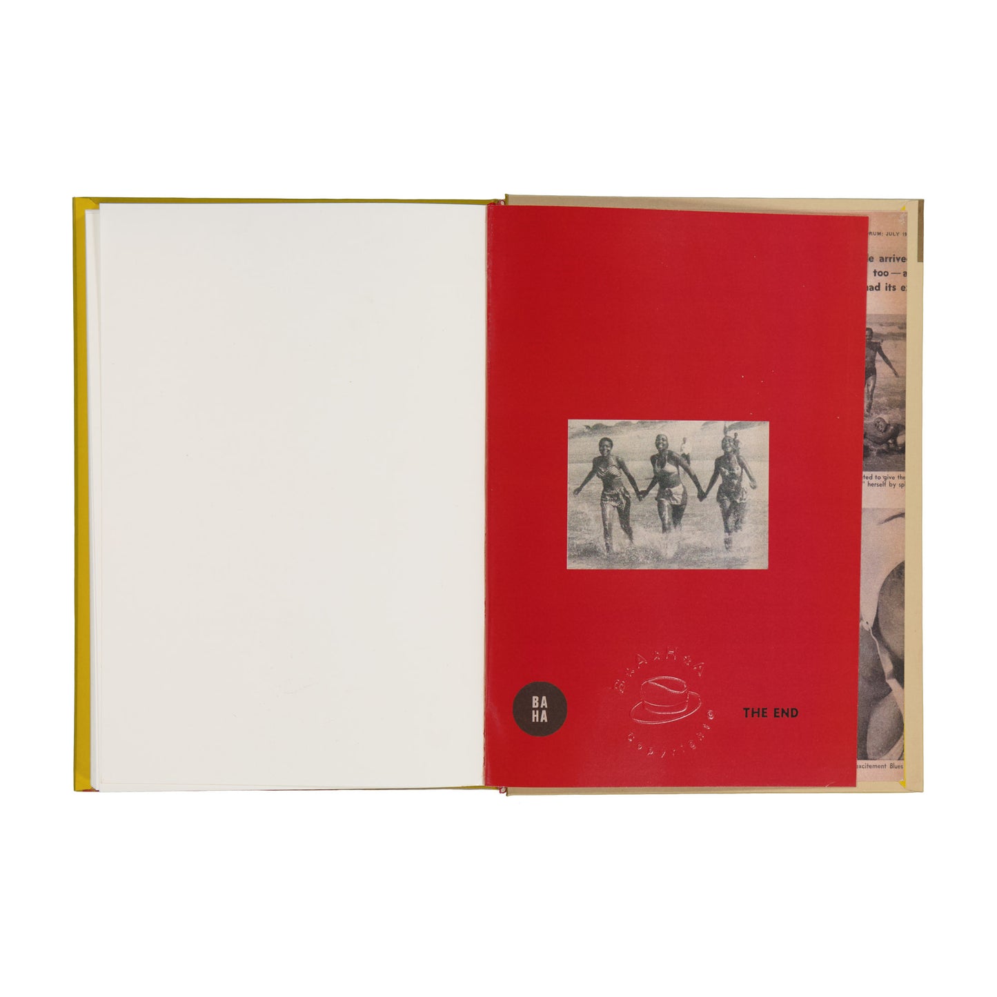 Open book with a red cover featuring a black and white photo and text.