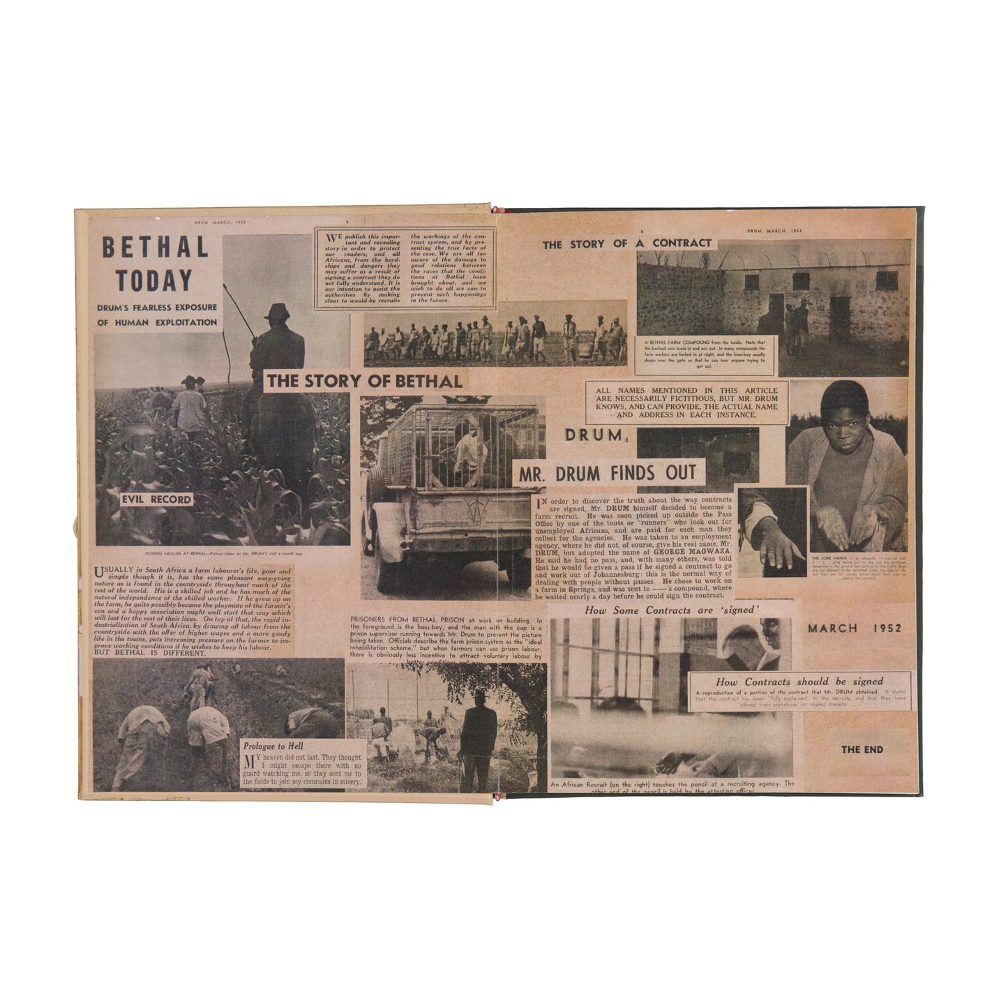 Vintage newspaper or magazine with black and white photos and text on a white background