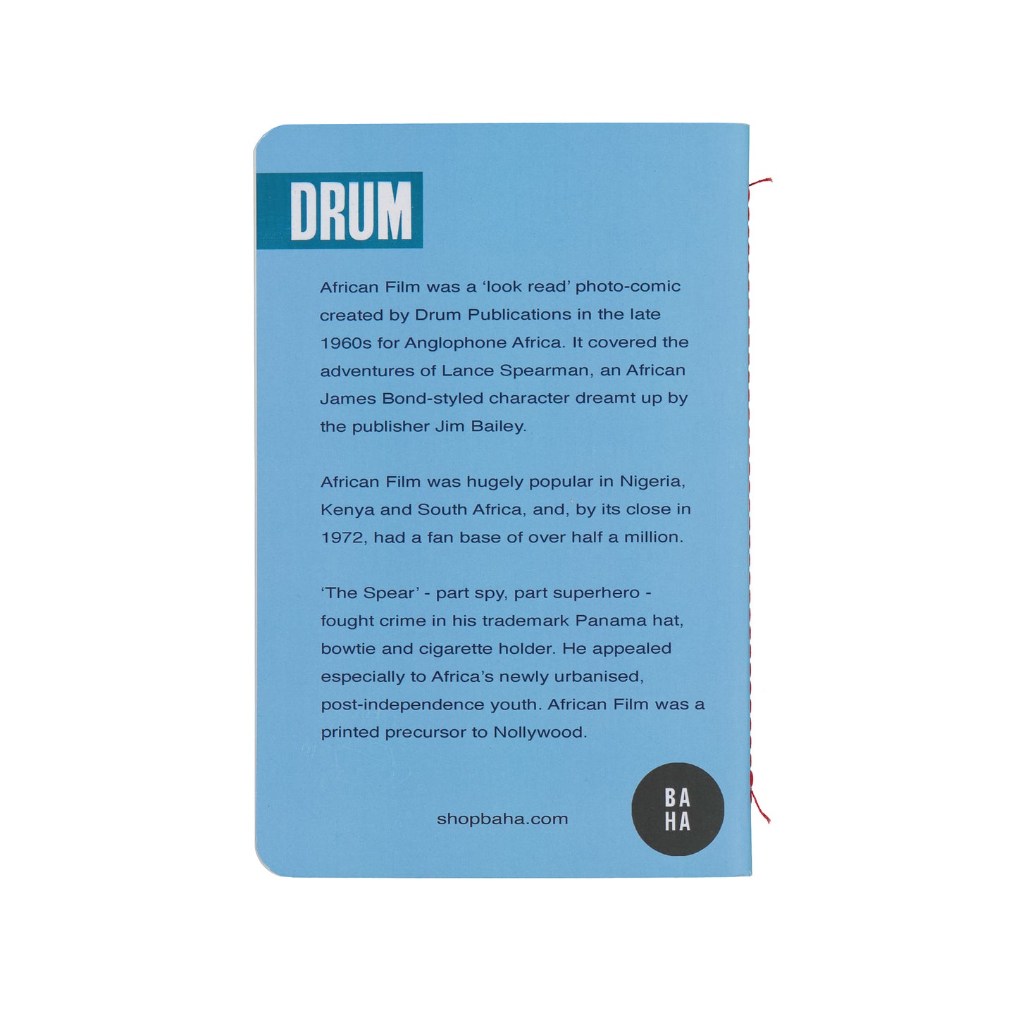 Blue card with text about African Film and Drum Publications on a white background