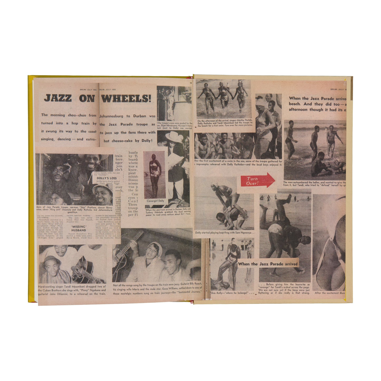 Open book with newspaper clippings titled 'Jazz on Wheels' on a white background