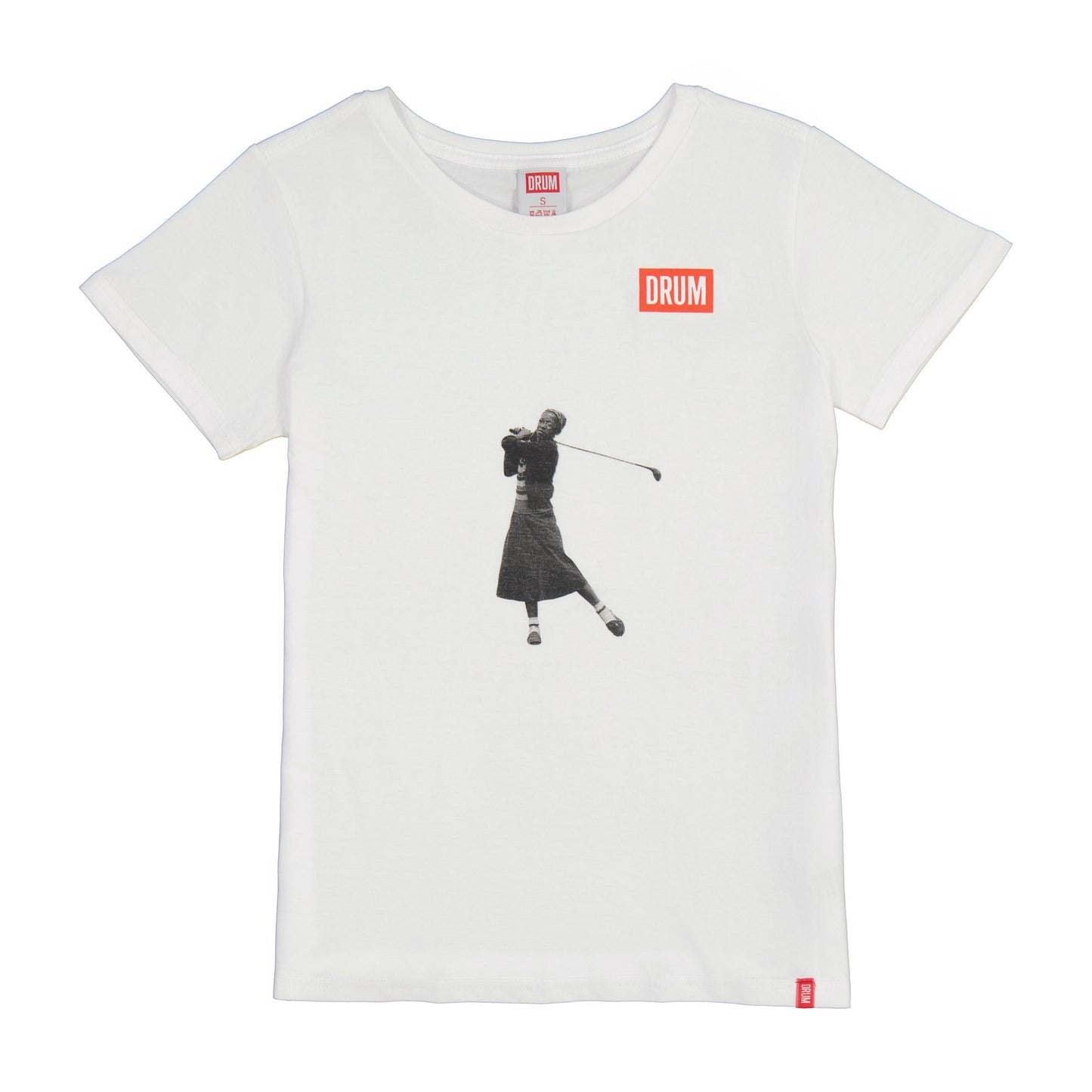 White t-shirt with a graphic of a person playing golf and 'DRUM' branding on a white background