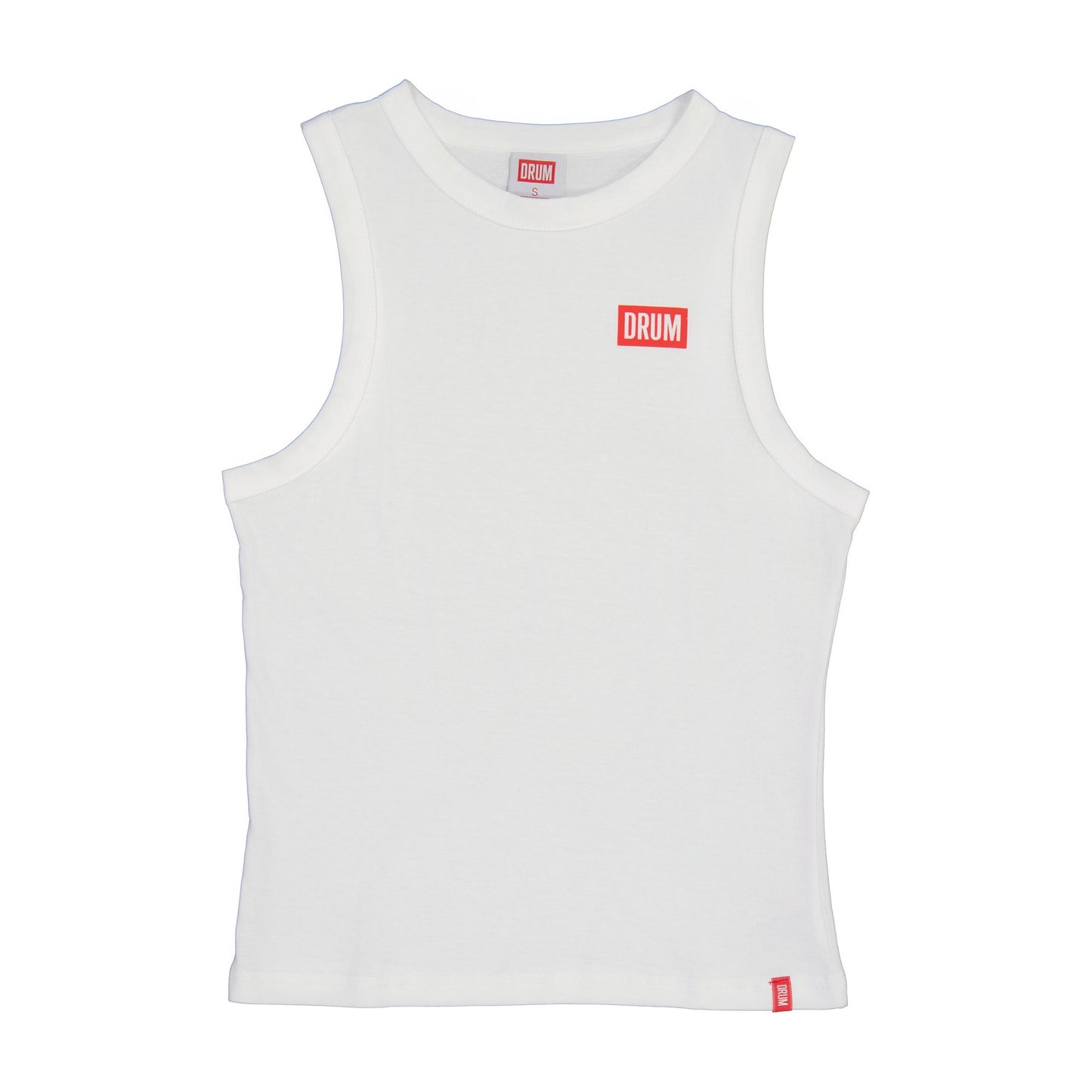 White sleeveless shirt with red logo on a white background