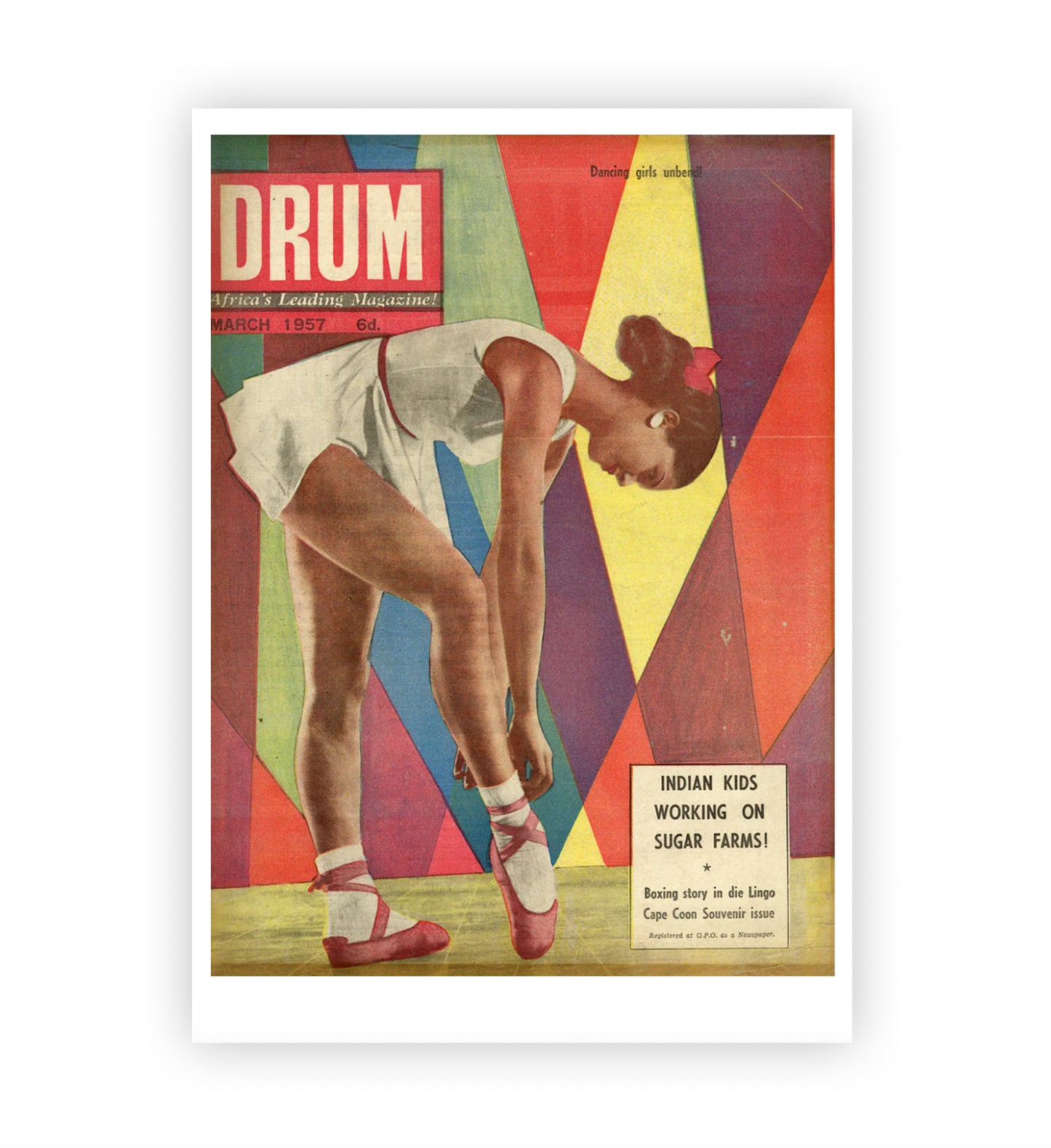 Vintage magazine cover with a child on a colorful geometric background