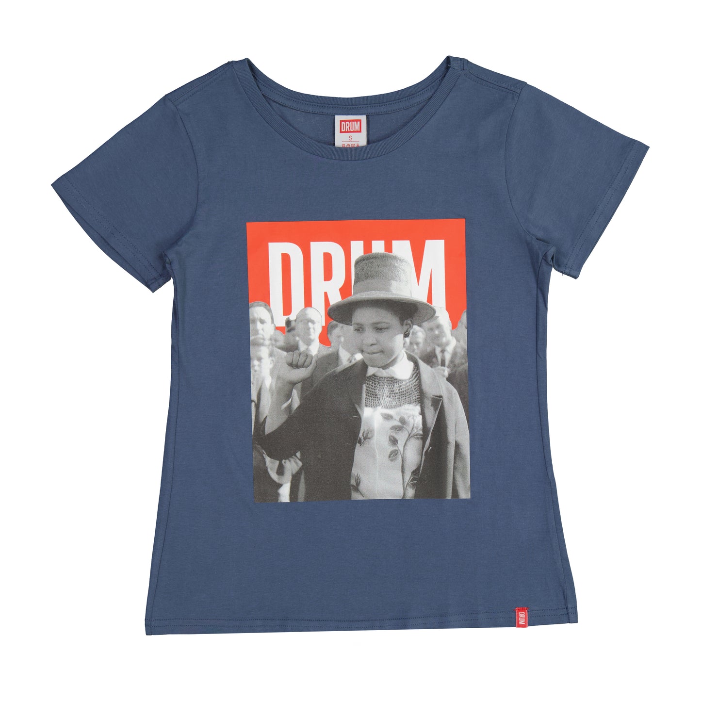 Blue t-shirt with a graphic of winnie mandela and 'DRUM' text on a white background
