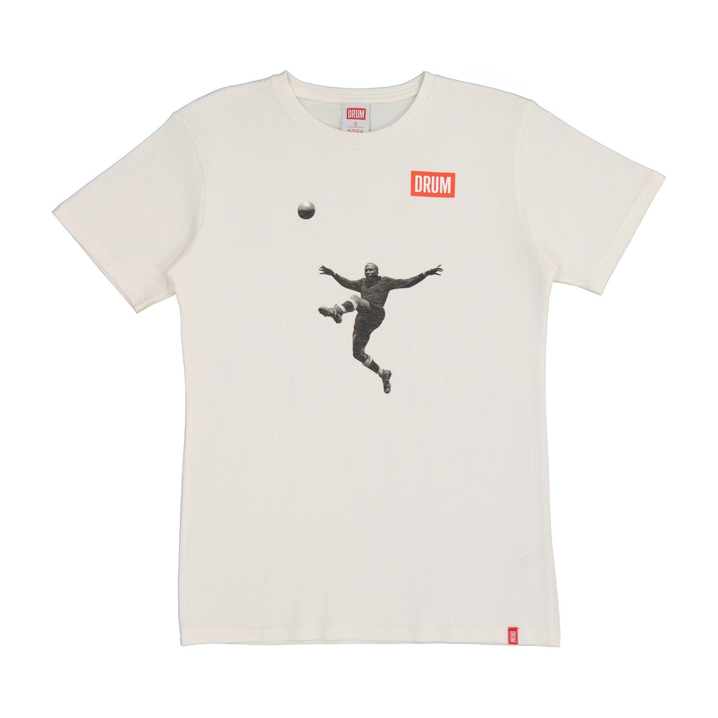 White t-shirt with graphic design and 'DRUM' logo on a white background