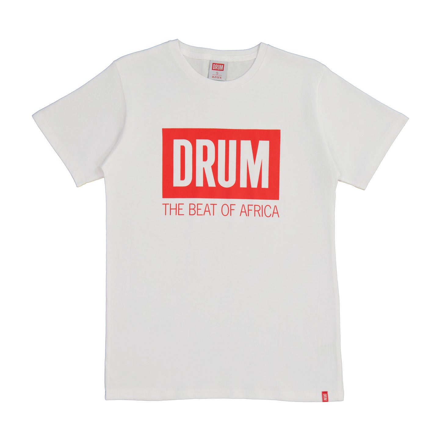 White t-shirt with red 'DRUM' logo and text on a white background