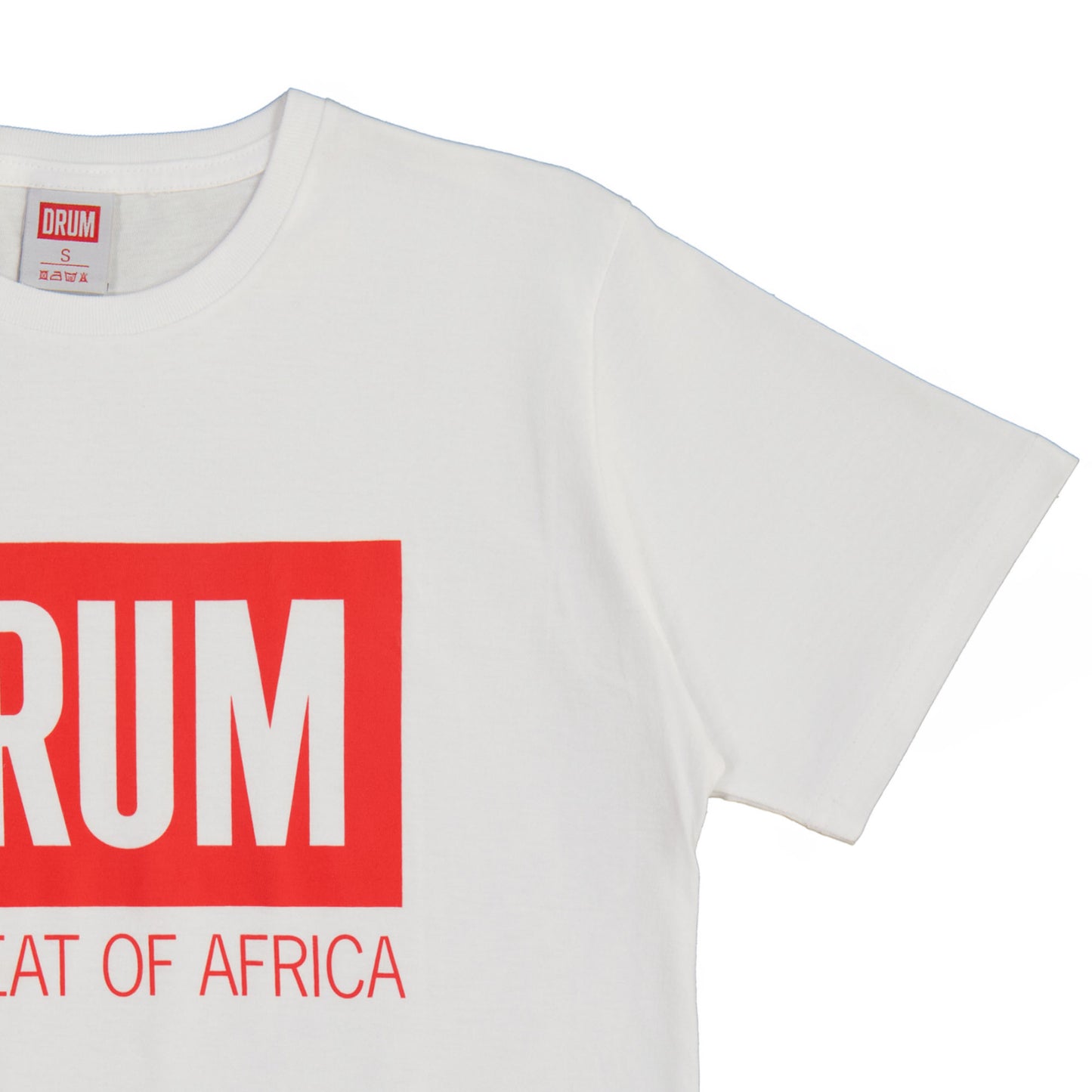 White t-shirt with red 'DRUM' logo on a white background
