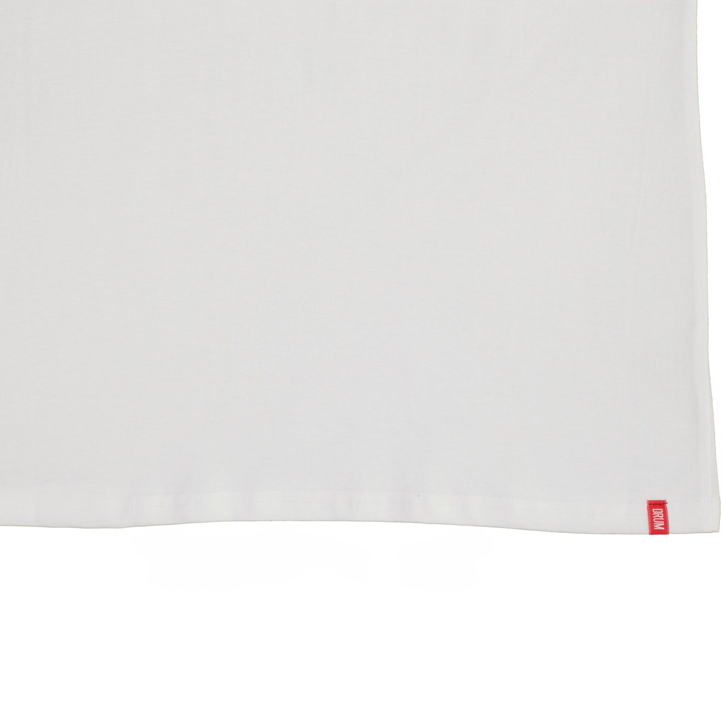 White t-shirt with a red drum logo tag on a white background