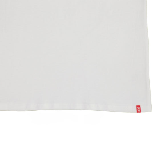 White t-shirt with a red drum logo tag on a white background