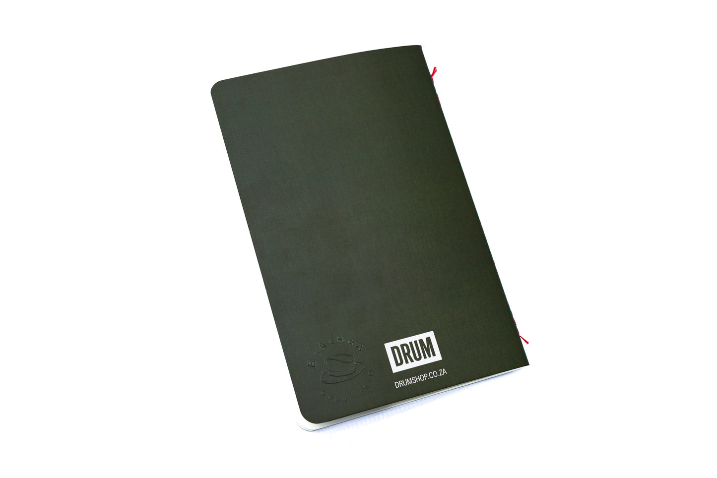 Black notebook with 'DRUM' branding on a white background
