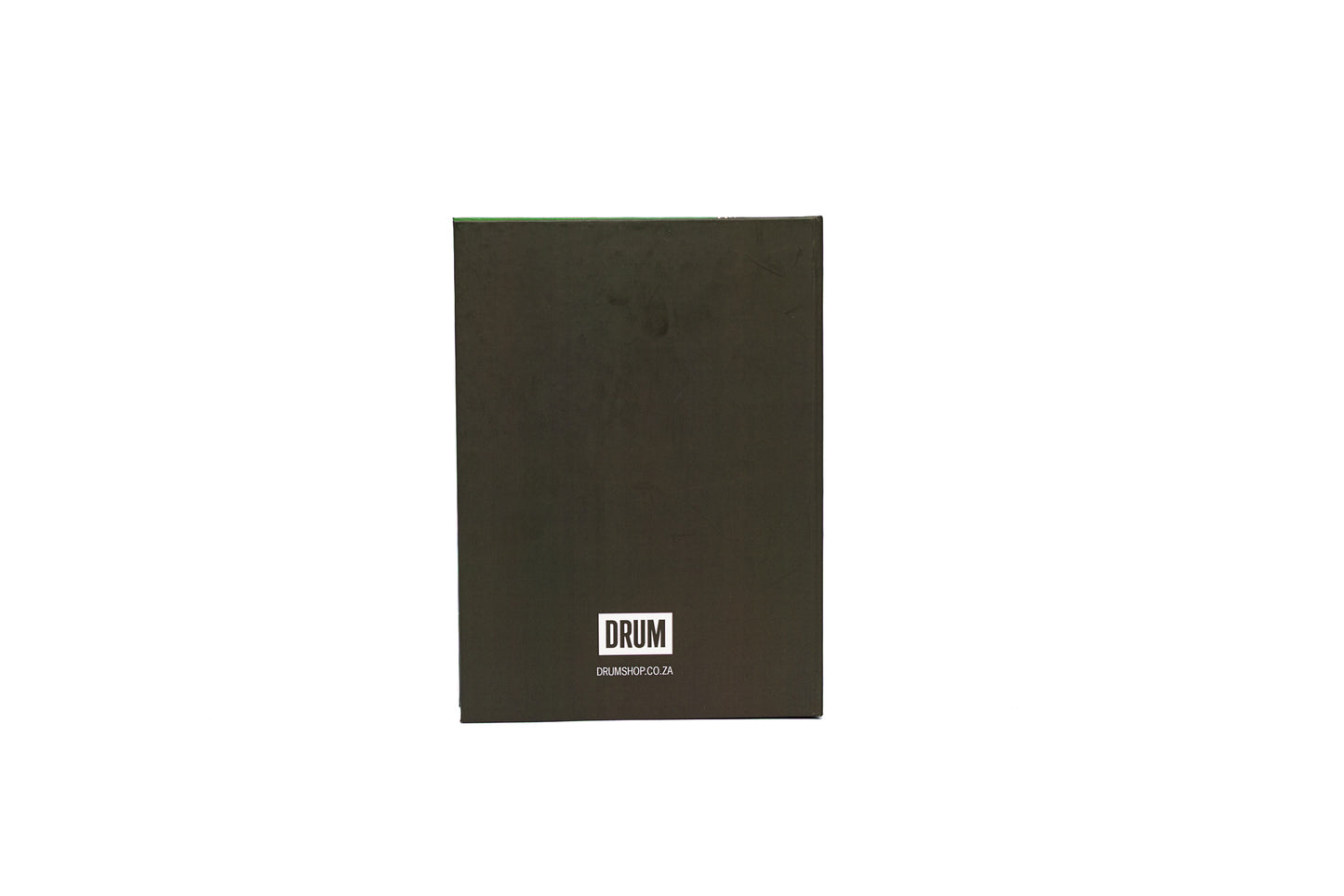 Notebook back with 'DRUM' label on a white background