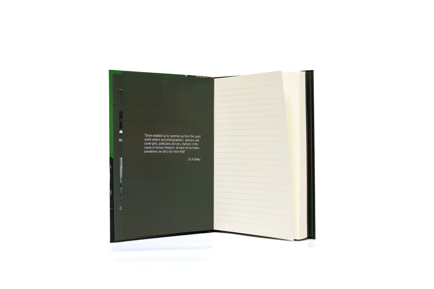 Open notebook with green cover and white pages on a white background