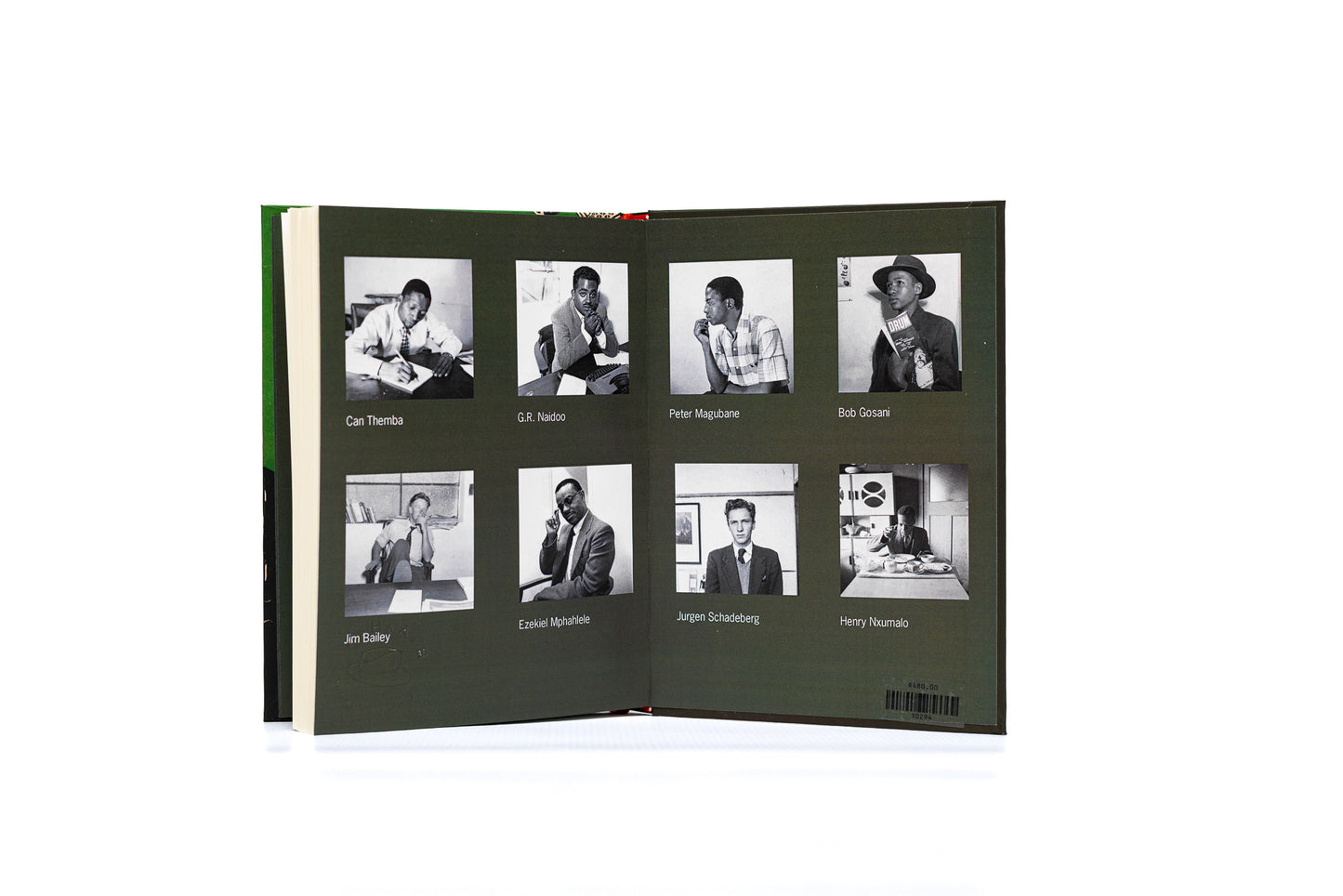 Open book with black and white photos of people on a white background