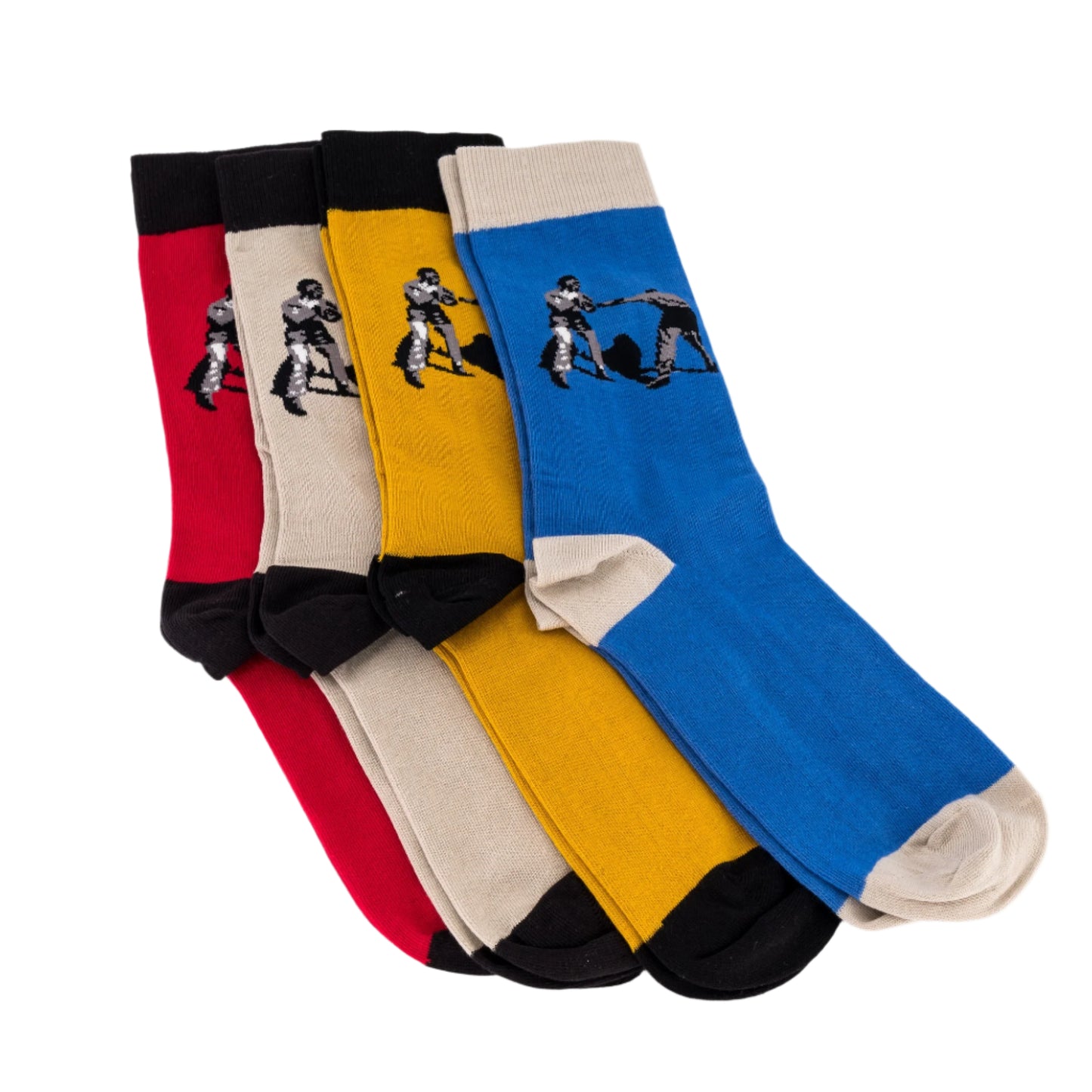 Set of four socks in red, stone-white, yellow, and blue with graphic designs on a white background
