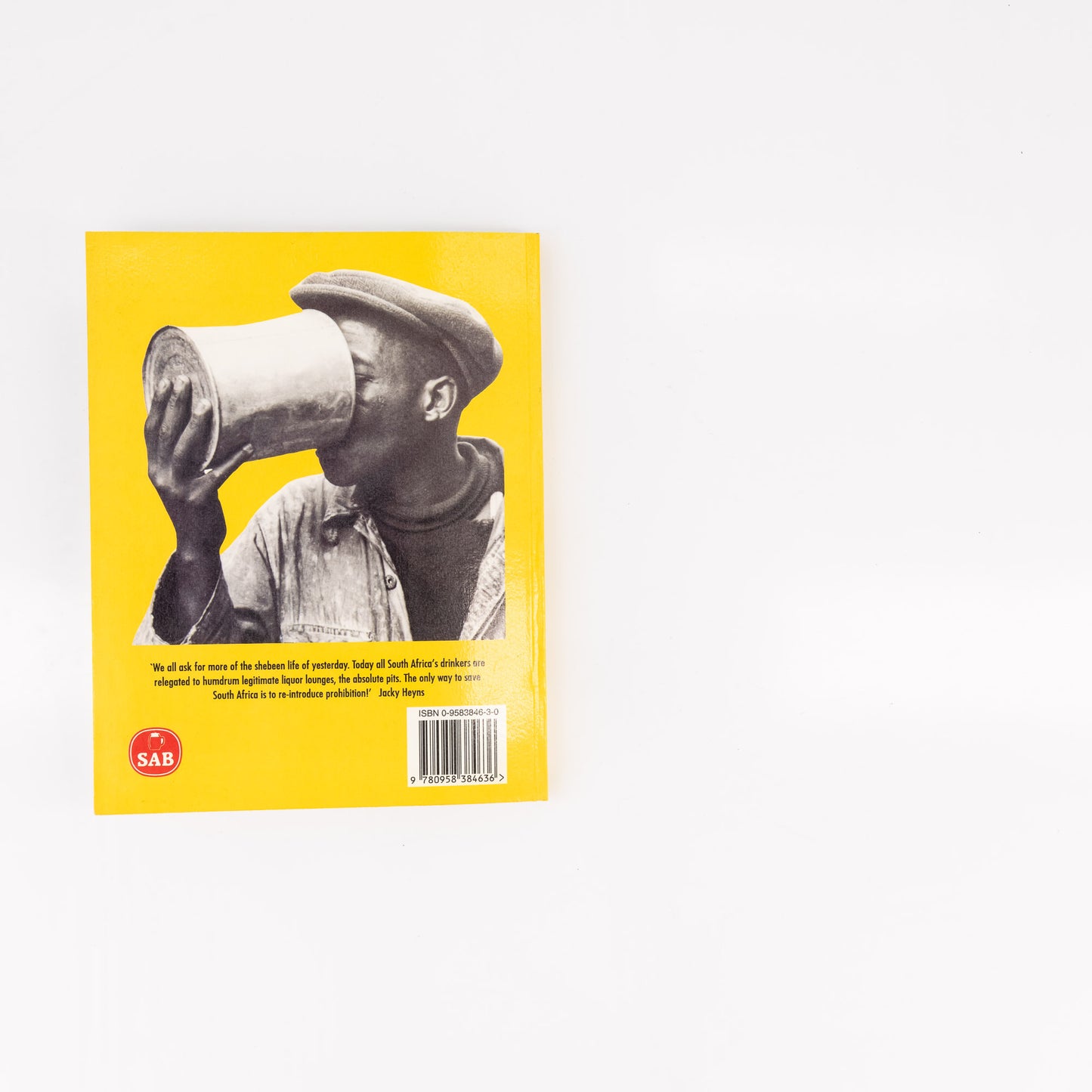 Book cover with a yellow background and black and white illustration of a person drinking from a cup.