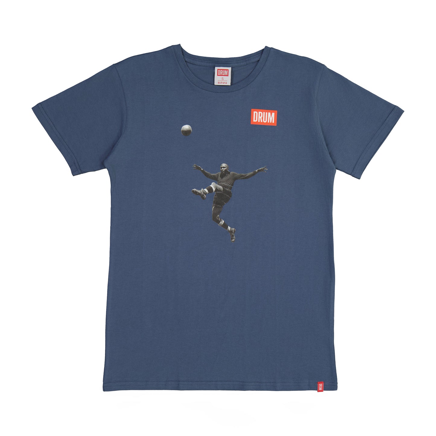 Blue t-shirt with graphic of a person playing football and DRUM logo on a white background