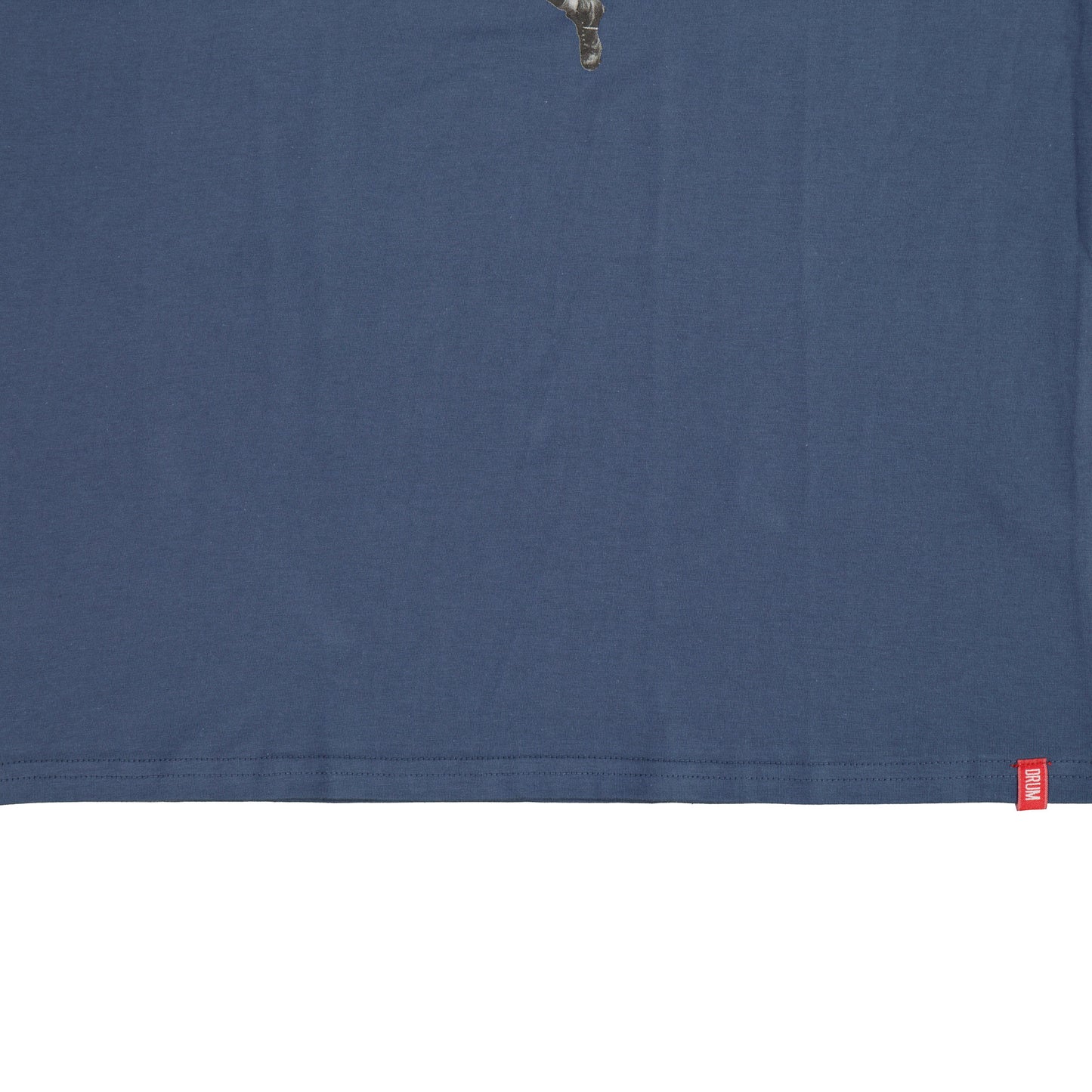 Navy blue fabric with a red drum logo on a white background