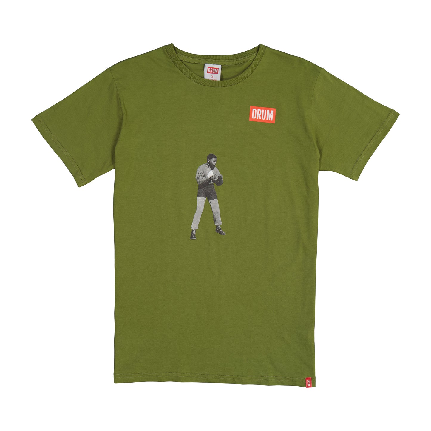 Green t-shirt with a graphic of Nelson Mandela and a red Drum Logo