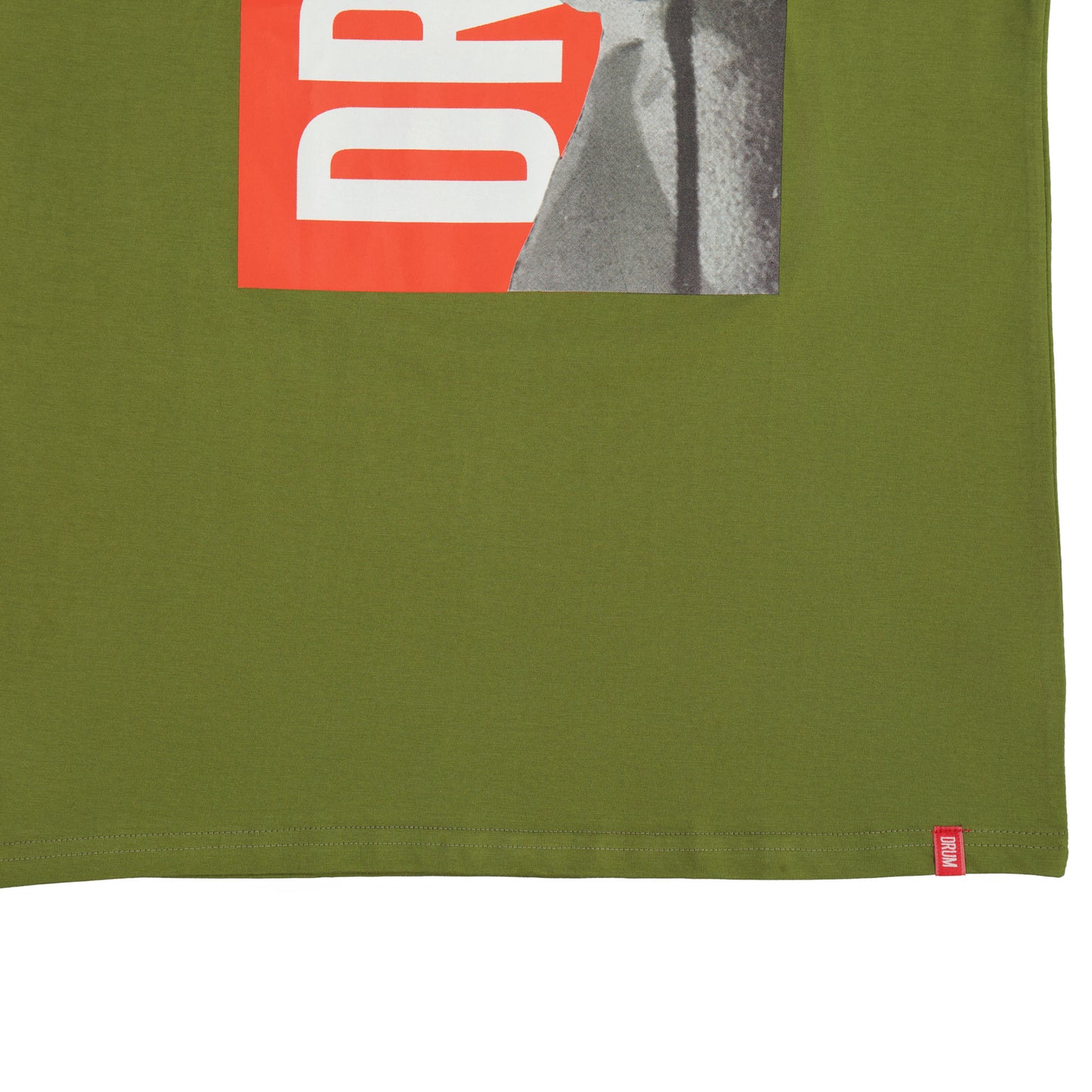 Green t-shirt with a red and white logo on a white background