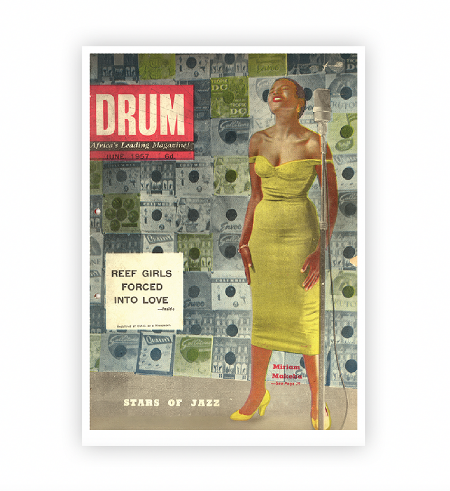 Vintage magazine cover with Miriam Makeba in a yellow dress against a patterned background