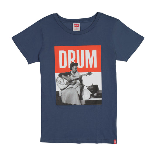 Navy blue t-shirt with a graphic of a person playing guitar and the word 'DRUM' on a red background.
