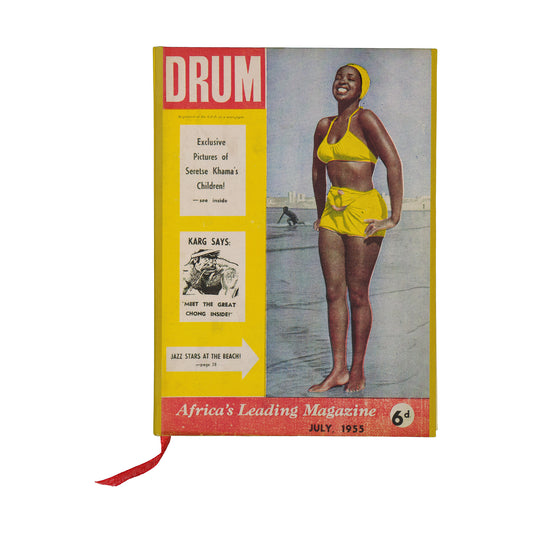 Vintage magazine cover on a hardcover notebook with a woman in a yellow swimsuit on a white background