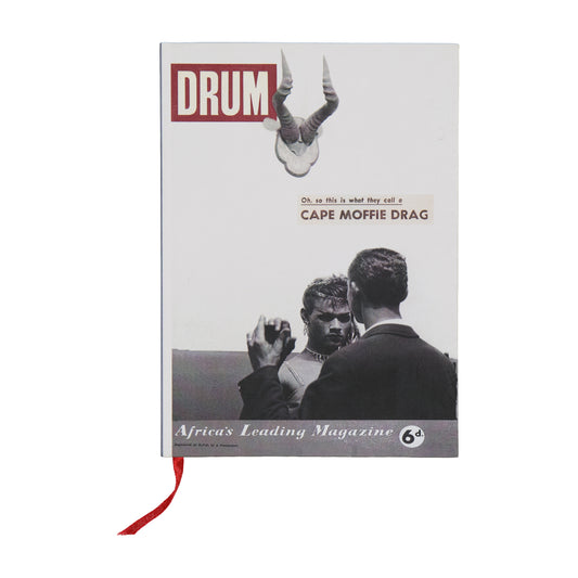 Notebook cover with 'DRUM' branding and a black and white photo of two people.