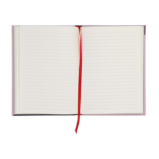 Open notebook with a red ribbon on a white background