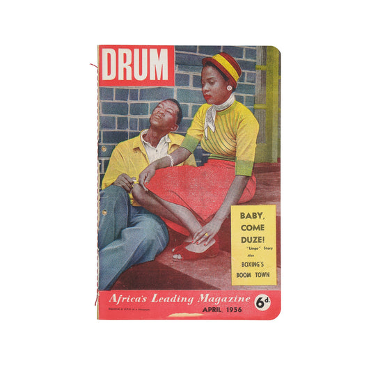 Vintage magazine cover titled 'DRUM' with illustration of two people, April 1956 issue.