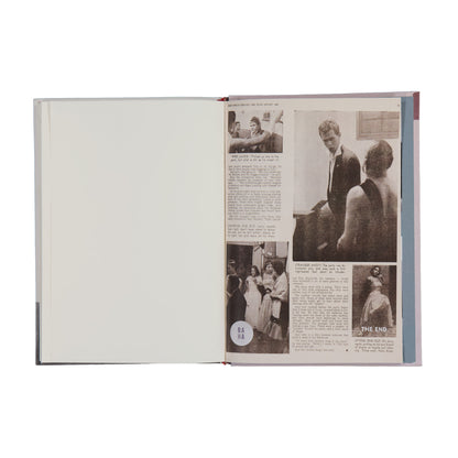 Open book with black and white images and text on a white background