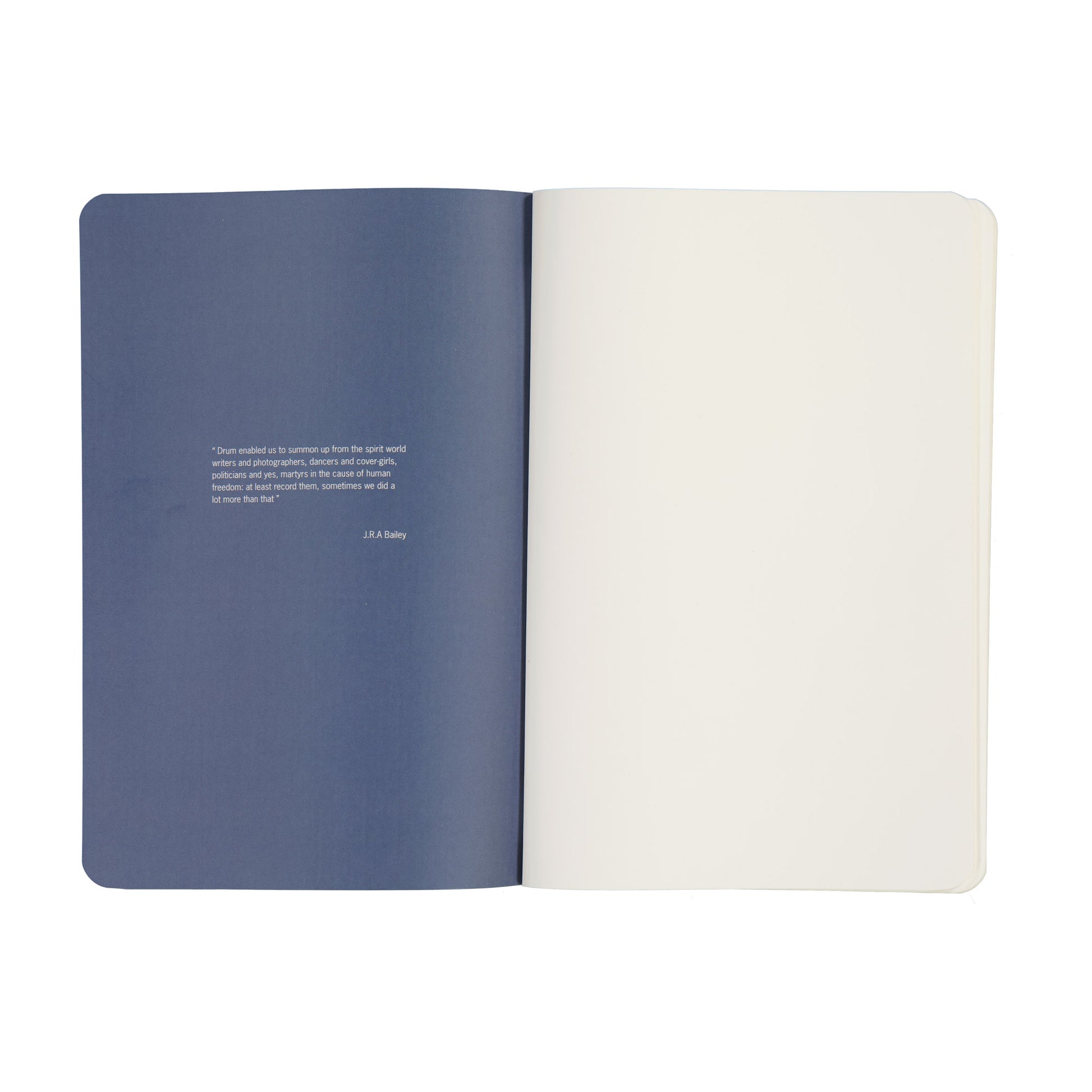 Open notebook with blue and white pages on a white background