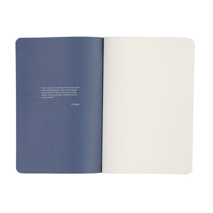 Open notebook with blue and white pages on a white background