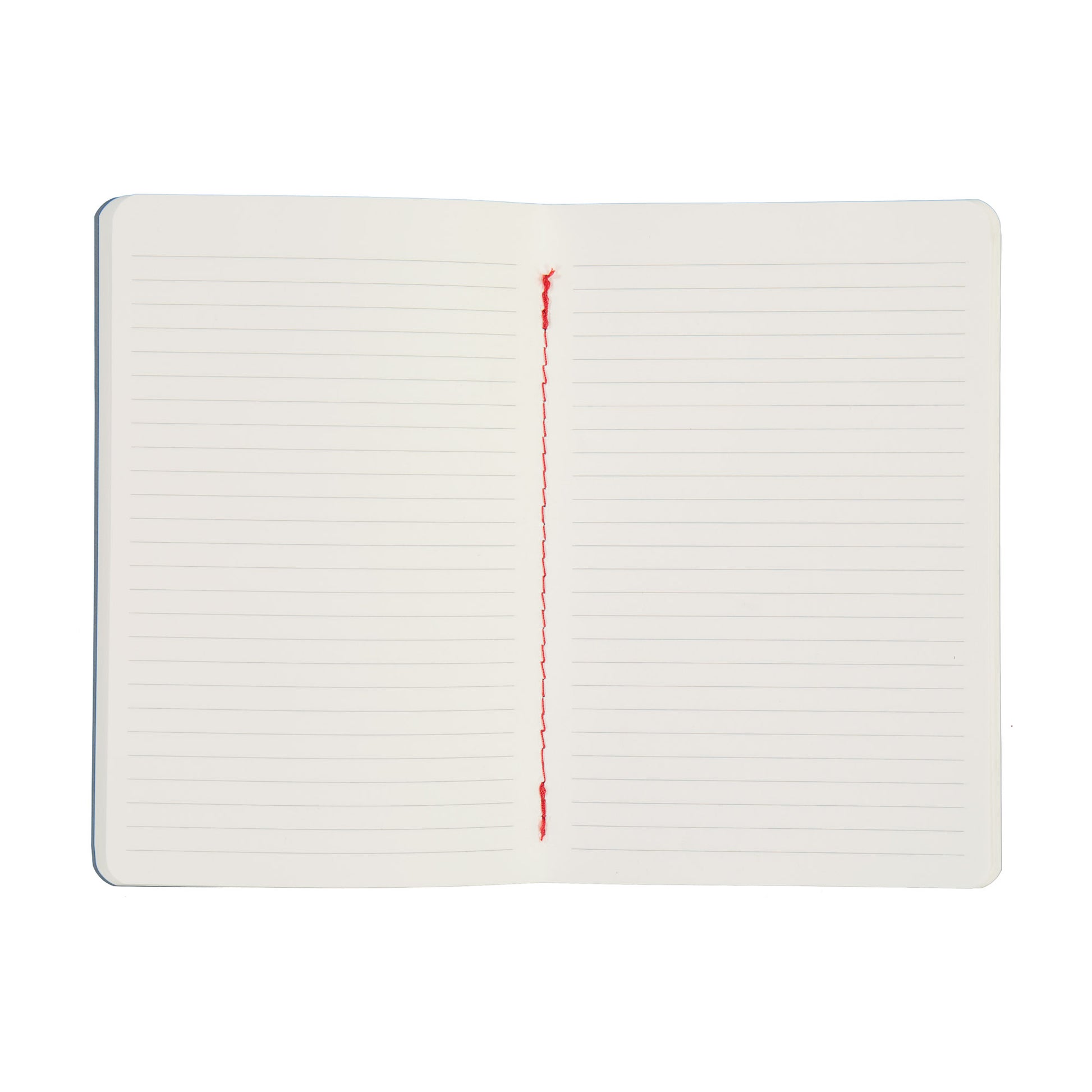 White notebook with red stitching on a white background