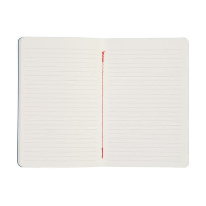 White notebook with red stitching on a white background